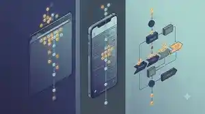 Three parallel lanes of small glowing nodes, shaped like a web page, a mobile screen, and a CI pipeline, each with a different distribution of check marks weighted toward its riskiest section