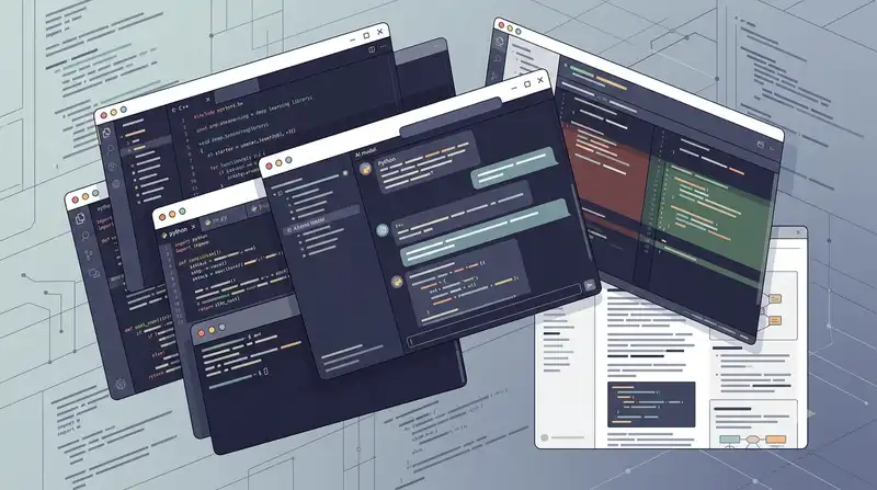 A cluttered desk setup with several AI coding assistant windows open side by side, each mid-session, next to an unread pull request and a design document